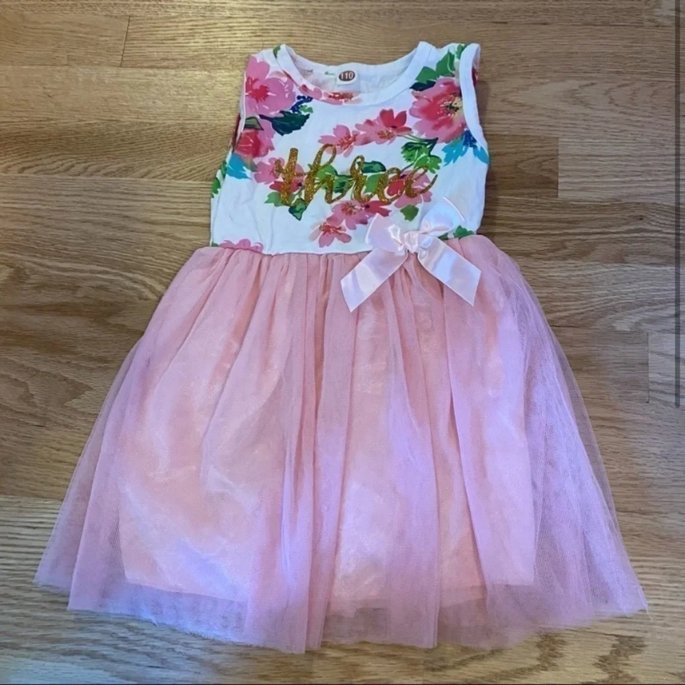Girls Three 3rd Birthday Floral Dress Sz 3 Tulle Sleeveless White Pink Glitter